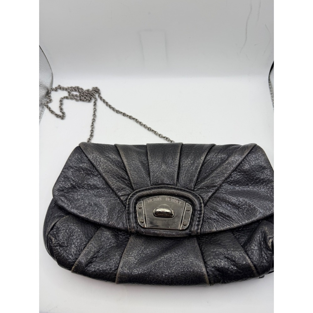 Henri Bendel Black Pebbled Leather Pleated Crossbody Clutch Bag Gunmetal Chain